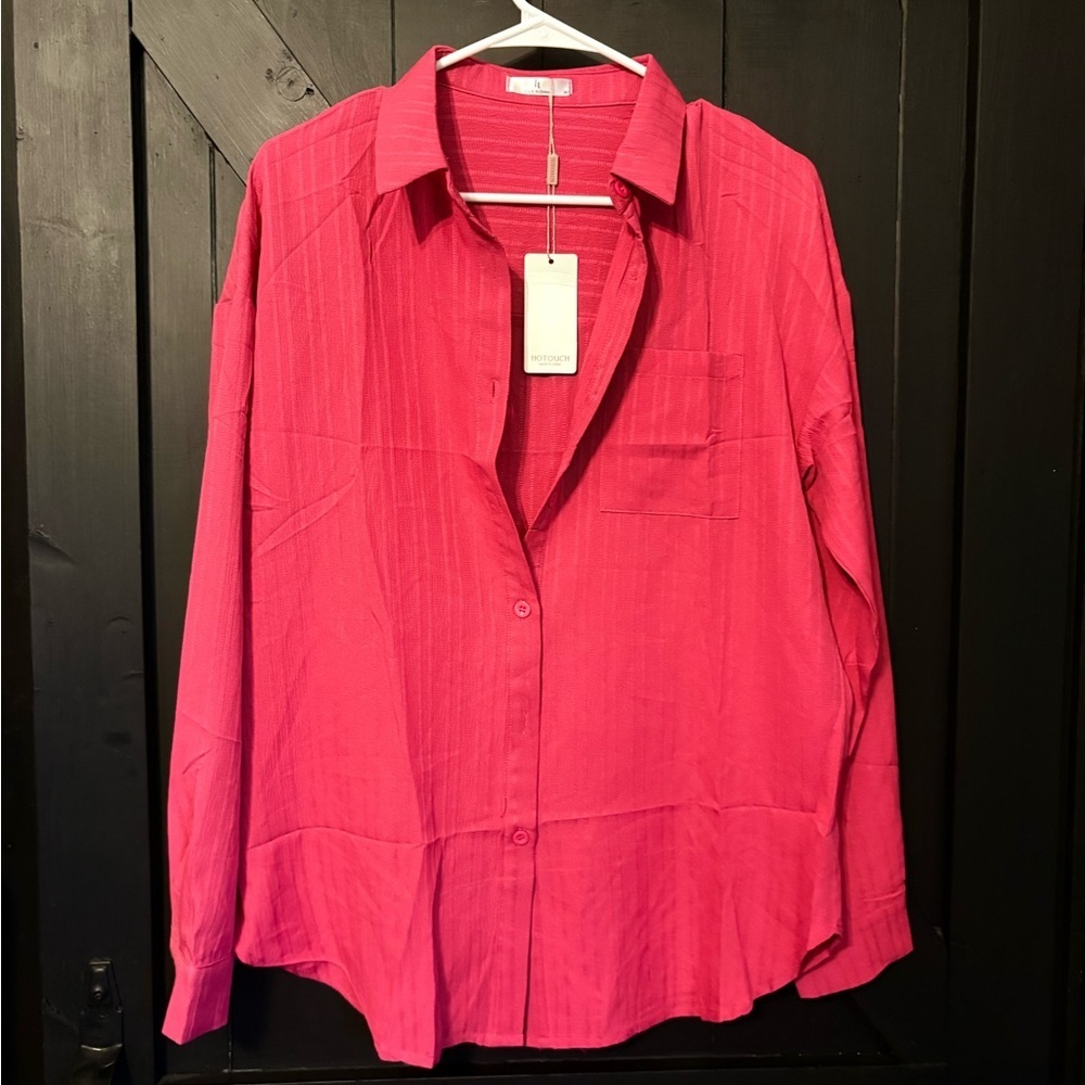 Relaxed Button-Down Shirt in Vibrant Pink — Lightweight Long Sleeve